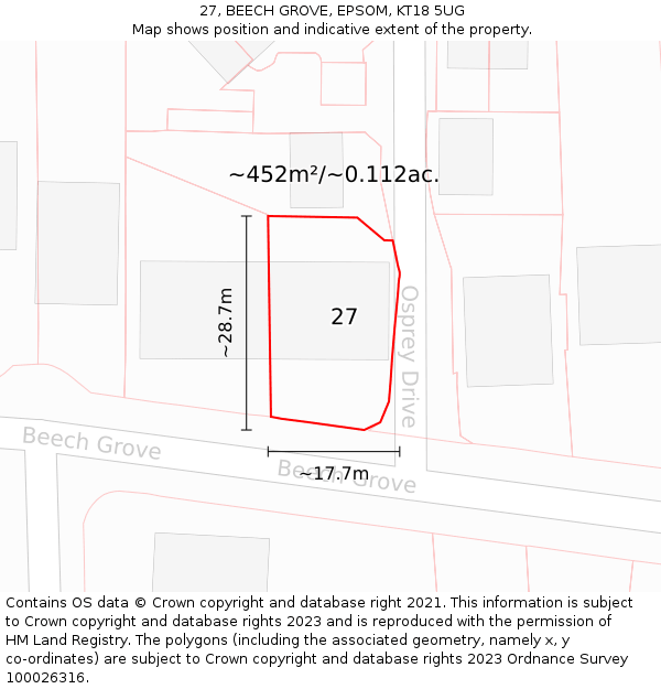 27, BEECH GROVE, EPSOM, KT18 5UG: Plot and title map
