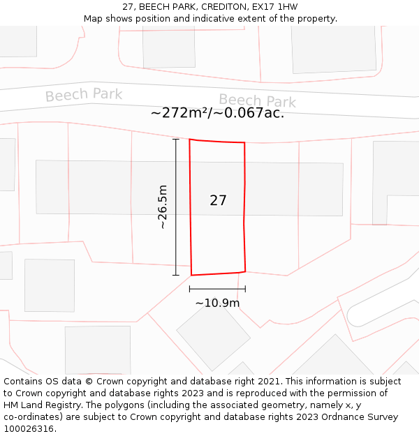 27, BEECH PARK, CREDITON, EX17 1HW: Plot and title map