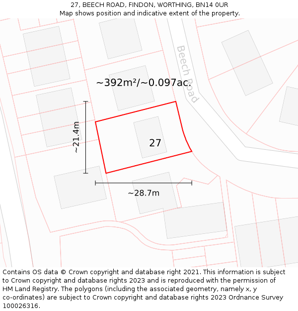 27, BEECH ROAD, FINDON, WORTHING, BN14 0UR: Plot and title map