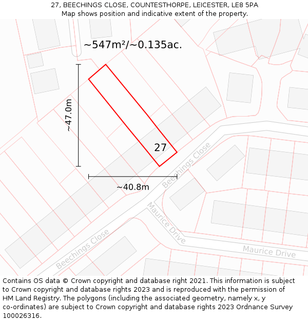 27, BEECHINGS CLOSE, COUNTESTHORPE, LEICESTER, LE8 5PA: Plot and title map