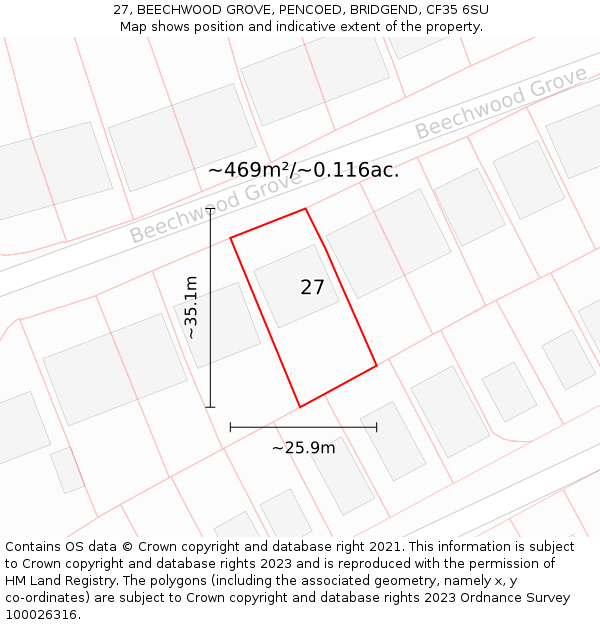 27, BEECHWOOD GROVE, PENCOED, BRIDGEND, CF35 6SU: Plot and title map