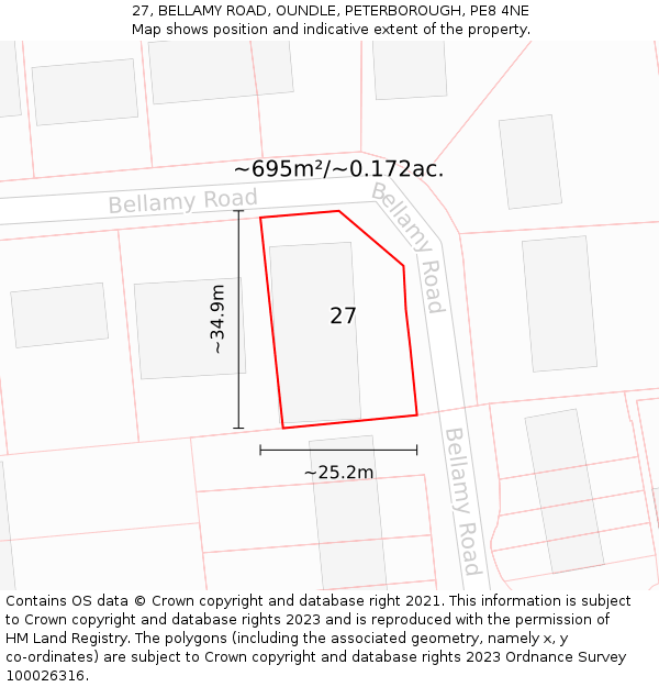 27, BELLAMY ROAD, OUNDLE, PETERBOROUGH, PE8 4NE: Plot and title map