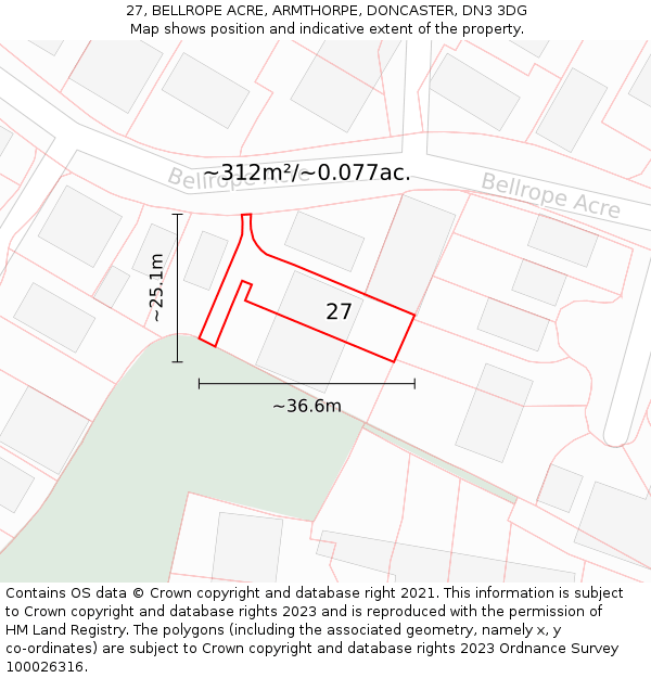 27, BELLROPE ACRE, ARMTHORPE, DONCASTER, DN3 3DG: Plot and title map