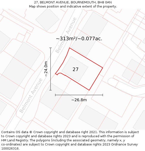 27, BELMONT AVENUE, BOURNEMOUTH, BH8 0AN: Plot and title map