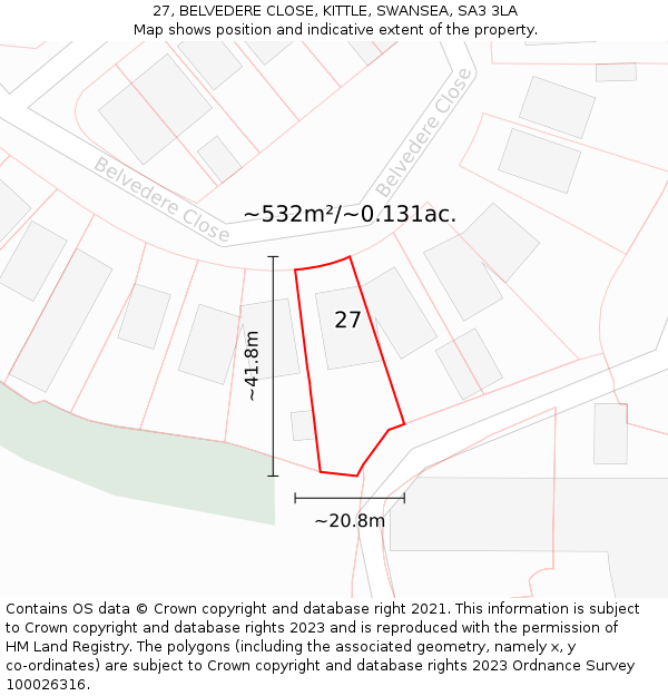 27, BELVEDERE CLOSE, KITTLE, SWANSEA, SA3 3LA: Plot and title map