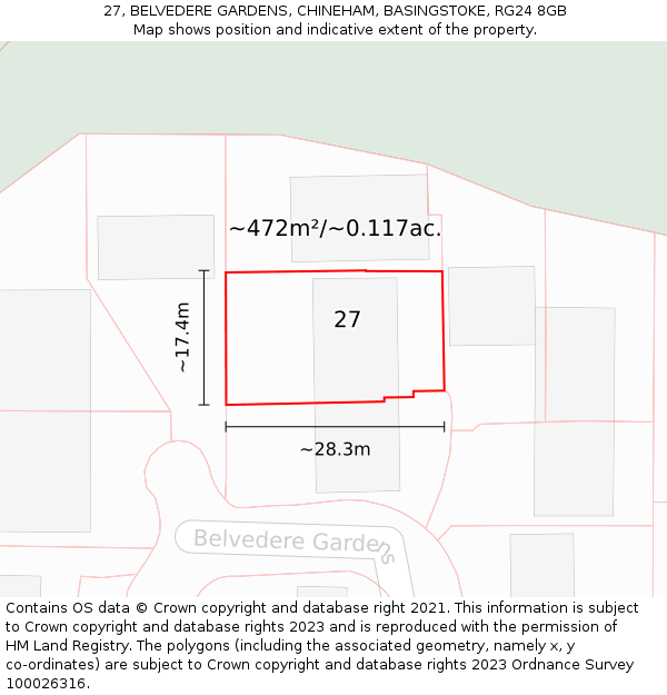 27, BELVEDERE GARDENS, CHINEHAM, BASINGSTOKE, RG24 8GB: Plot and title map