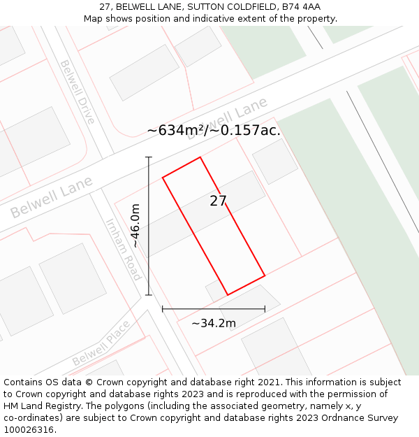 27, BELWELL LANE, SUTTON COLDFIELD, B74 4AA: Plot and title map