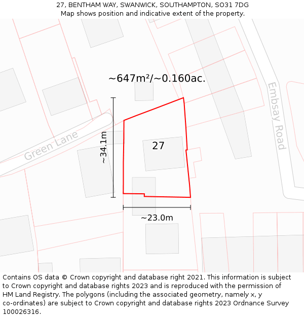 27, BENTHAM WAY, SWANWICK, SOUTHAMPTON, SO31 7DG: Plot and title map