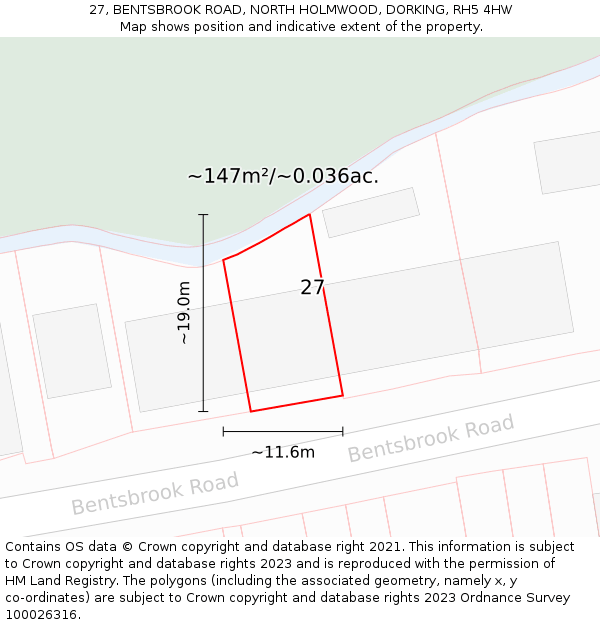 27, BENTSBROOK ROAD, NORTH HOLMWOOD, DORKING, RH5 4HW: Plot and title map