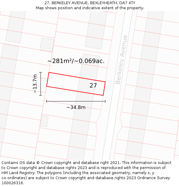 27, BERKELEY AVENUE, BEXLEYHEATH, DA7 4TY: Plot and title map
