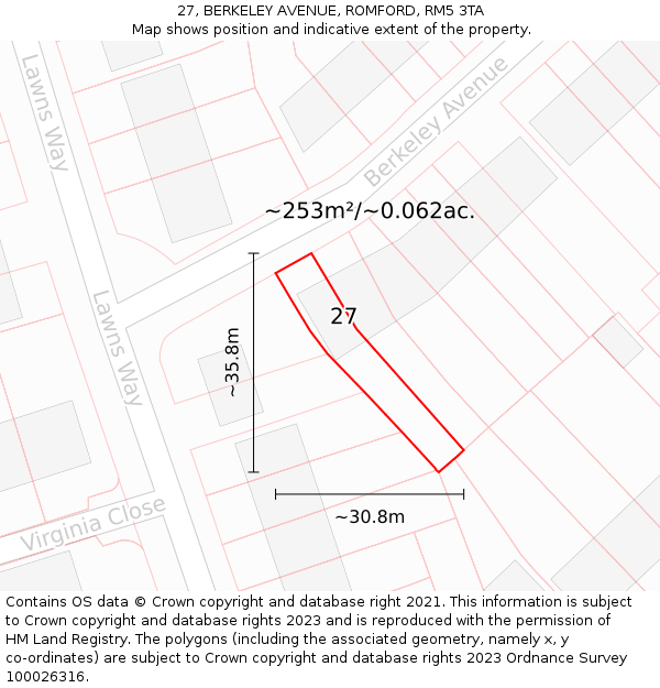 27, BERKELEY AVENUE, ROMFORD, RM5 3TA: Plot and title map