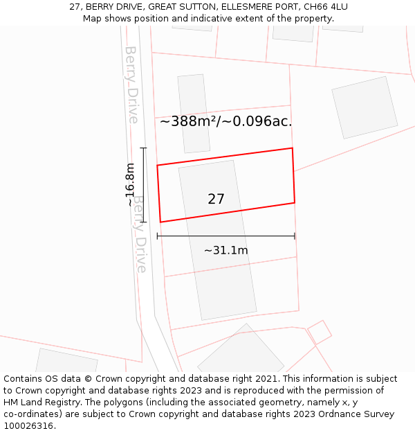 27, BERRY DRIVE, GREAT SUTTON, ELLESMERE PORT, CH66 4LU: Plot and title map