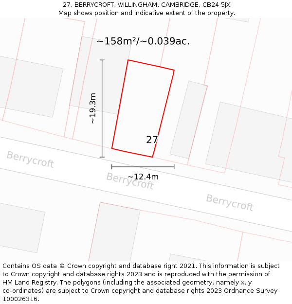27, BERRYCROFT, WILLINGHAM, CAMBRIDGE, CB24 5JX: Plot and title map