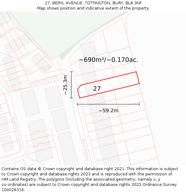 27, BERYL AVENUE, TOTTINGTON, BURY, BL8 3NF: Plot and title map