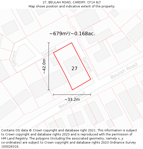 27, BEULAH ROAD, CARDIFF, CF14 6LT: Plot and title map