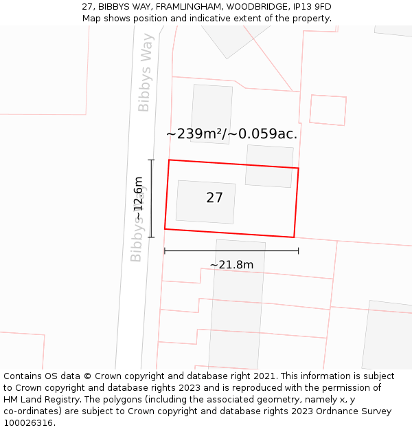 27, BIBBYS WAY, FRAMLINGHAM, WOODBRIDGE, IP13 9FD: Plot and title map