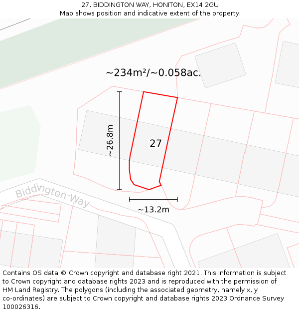 27, BIDDINGTON WAY, HONITON, EX14 2GU: Plot and title map