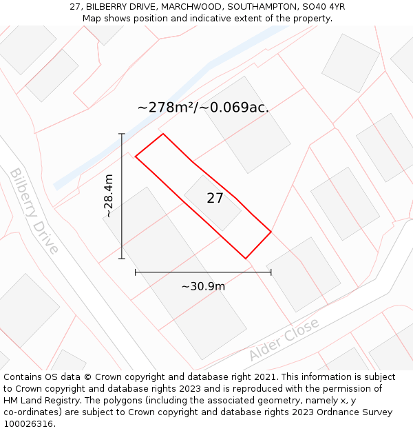 27, BILBERRY DRIVE, MARCHWOOD, SOUTHAMPTON, SO40 4YR: Plot and title map