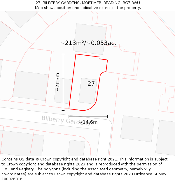 27, BILBERRY GARDENS, MORTIMER, READING, RG7 3WU: Plot and title map