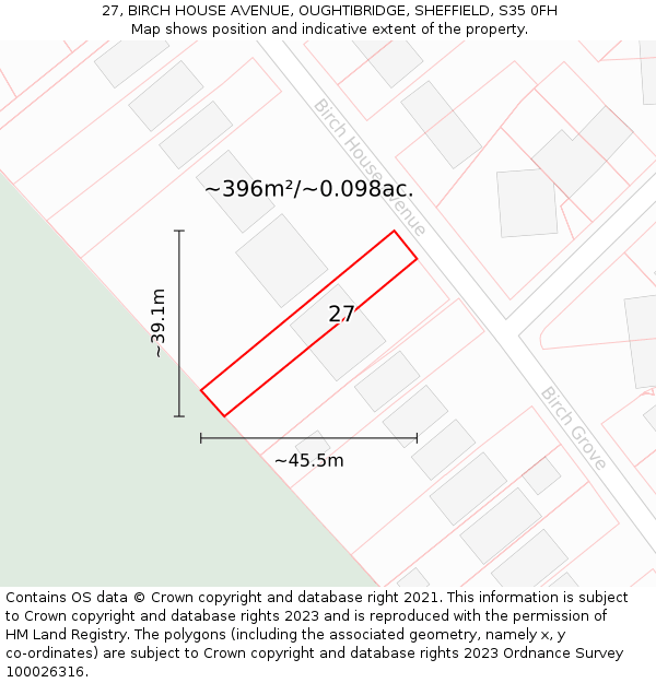 27, BIRCH HOUSE AVENUE, OUGHTIBRIDGE, SHEFFIELD, S35 0FH: Plot and title map