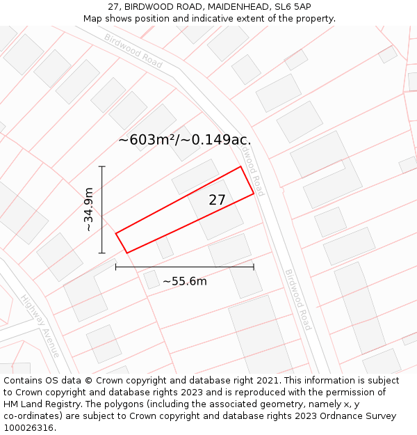 27, BIRDWOOD ROAD, MAIDENHEAD, SL6 5AP: Plot and title map