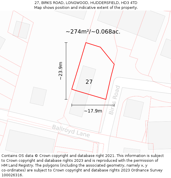 27, BIRKS ROAD, LONGWOOD, HUDDERSFIELD, HD3 4TD: Plot and title map