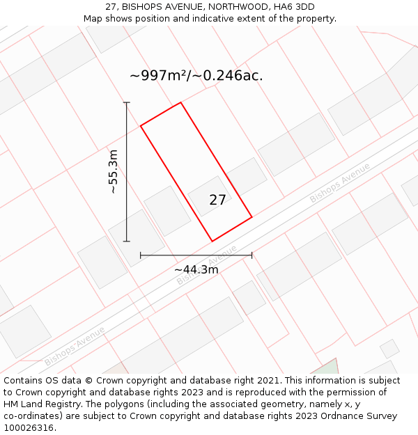 27, BISHOPS AVENUE, NORTHWOOD, HA6 3DD: Plot and title map