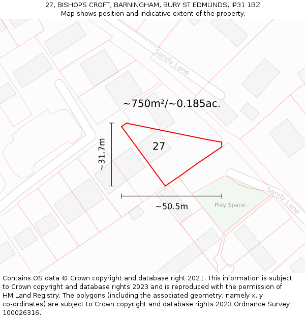27, BISHOPS CROFT, BARNINGHAM, BURY ST EDMUNDS, IP31 1BZ: Plot and title map