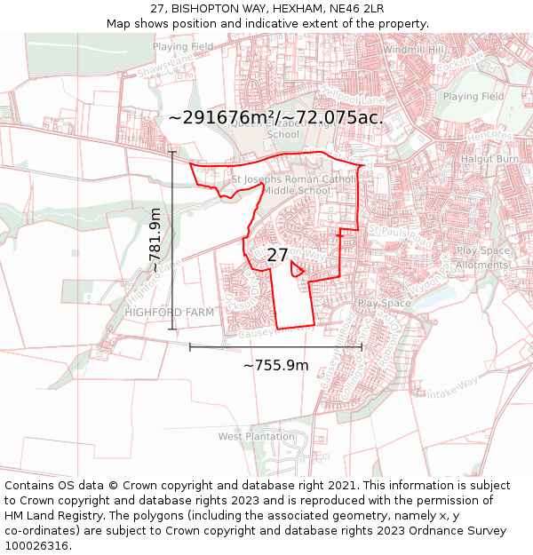 27, BISHOPTON WAY, HEXHAM, NE46 2LR: Plot and title map