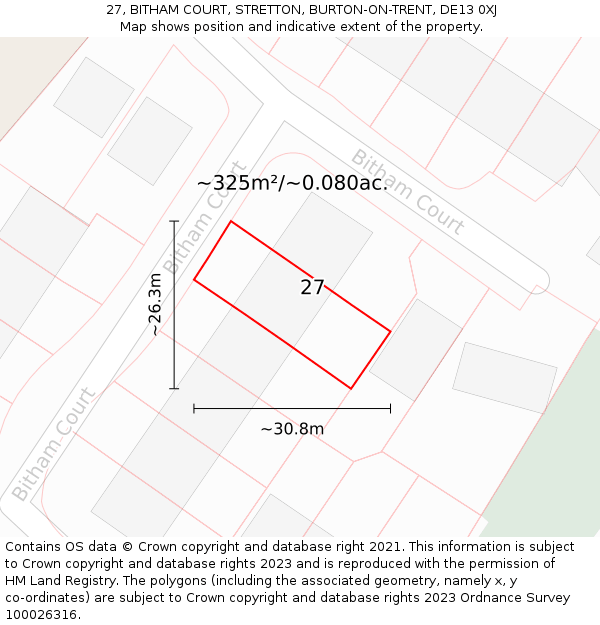 27, BITHAM COURT, STRETTON, BURTON-ON-TRENT, DE13 0XJ: Plot and title map