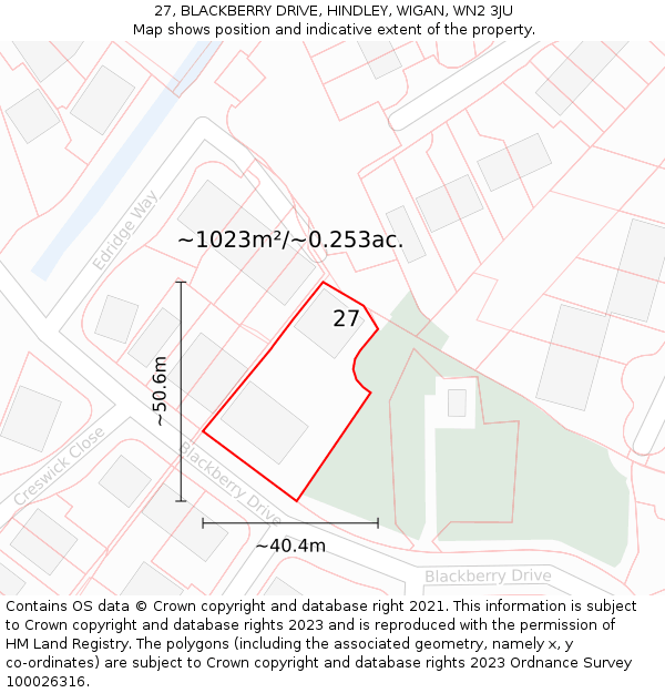 27, BLACKBERRY DRIVE, HINDLEY, WIGAN, WN2 3JU: Plot and title map