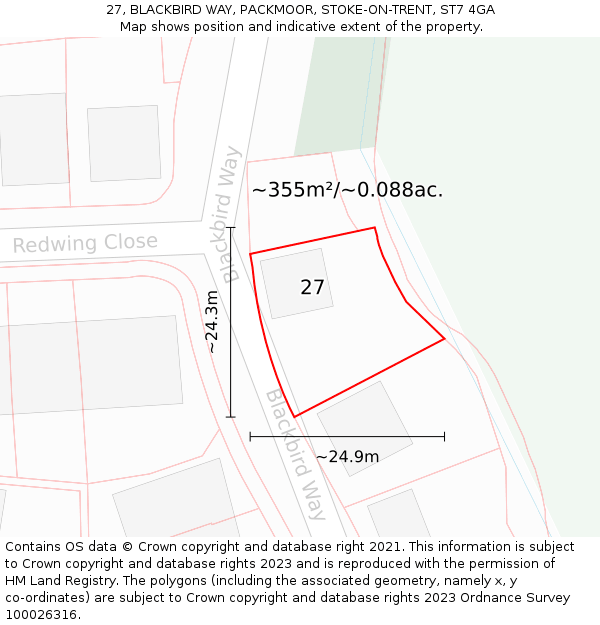 27, BLACKBIRD WAY, PACKMOOR, STOKE-ON-TRENT, ST7 4GA: Plot and title map