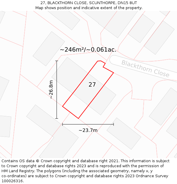 27, BLACKTHORN CLOSE, SCUNTHORPE, DN15 8UT: Plot and title map