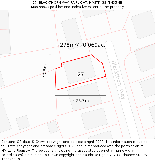 27, BLACKTHORN WAY, FAIRLIGHT, HASTINGS, TN35 4BJ: Plot and title map