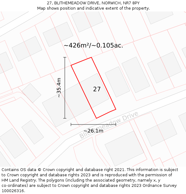 27, BLITHEMEADOW DRIVE, NORWICH, NR7 8PY: Plot and title map