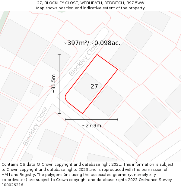 27, BLOCKLEY CLOSE, WEBHEATH, REDDITCH, B97 5WW: Plot and title map