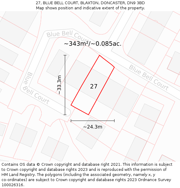 27, BLUE BELL COURT, BLAXTON, DONCASTER, DN9 3BD: Plot and title map