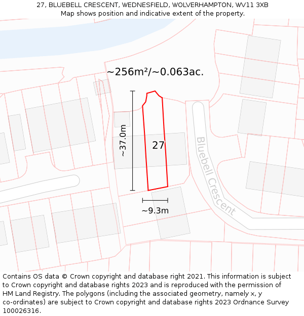 27, BLUEBELL CRESCENT, WEDNESFIELD, WOLVERHAMPTON, WV11 3XB: Plot and title map