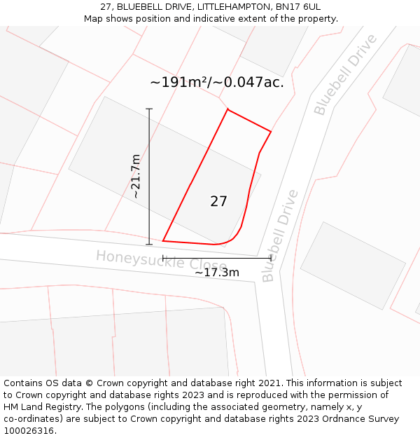 27, BLUEBELL DRIVE, LITTLEHAMPTON, BN17 6UL: Plot and title map