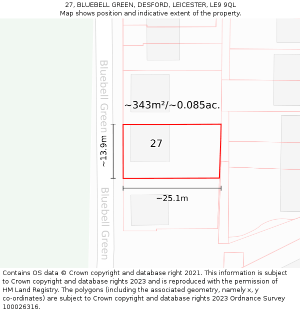 27, BLUEBELL GREEN, DESFORD, LEICESTER, LE9 9QL: Plot and title map