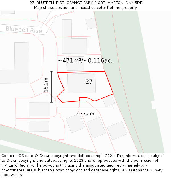 27, BLUEBELL RISE, GRANGE PARK, NORTHAMPTON, NN4 5DF: Plot and title map