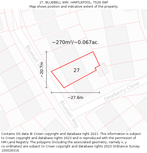 27, BLUEBELL WAY, HARTLEPOOL, TS26 0WF: Plot and title map