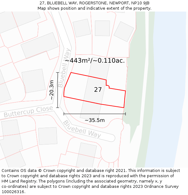 27, BLUEBELL WAY, ROGERSTONE, NEWPORT, NP10 9JB: Plot and title map