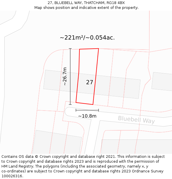 27, BLUEBELL WAY, THATCHAM, RG18 4BX: Plot and title map