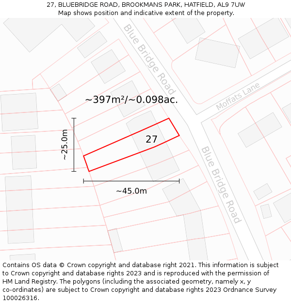 27, BLUEBRIDGE ROAD, BROOKMANS PARK, HATFIELD, AL9 7UW: Plot and title map