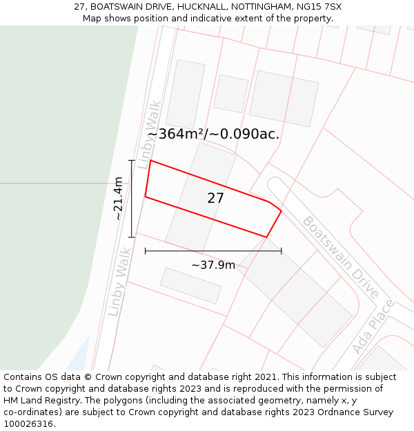27, BOATSWAIN DRIVE, HUCKNALL, NOTTINGHAM, NG15 7SX: Plot and title map