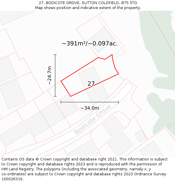27, BODICOTE GROVE, SUTTON COLDFIELD, B75 5TG: Plot and title map