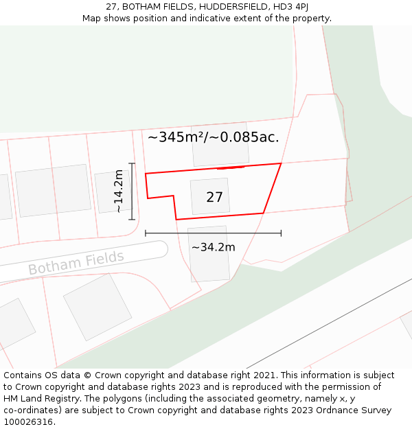 27, BOTHAM FIELDS, HUDDERSFIELD, HD3 4PJ: Plot and title map