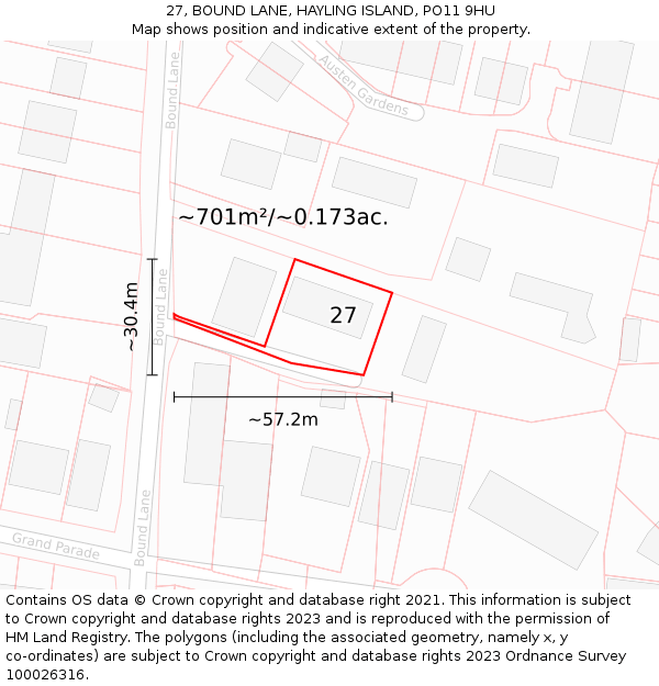 27, BOUND LANE, HAYLING ISLAND, PO11 9HU: Plot and title map