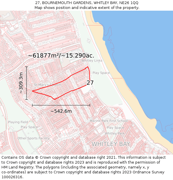 27, BOURNEMOUTH GARDENS, WHITLEY BAY, NE26 1QQ: Plot and title map